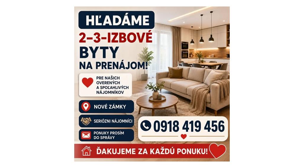 Hľadáme 3 izbový byt na prenájom v Nových Zámkoch