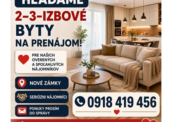 Hľadáme 3 izbový byt na prenájom v Nových Zámkoch