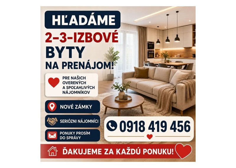 Hľadáme 3 izbový byt na prenájom v Nových Zámkoch